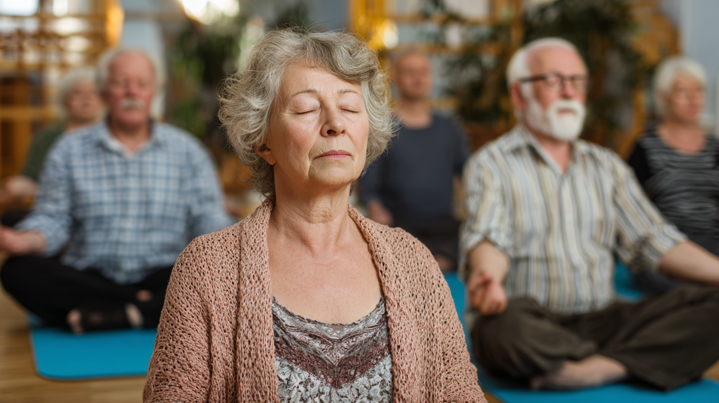 Група старших людей виконує йогу в затишному залі з природним освітленням